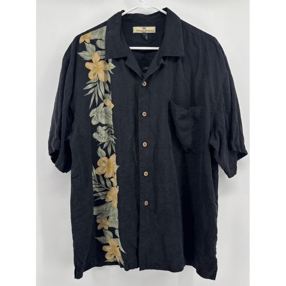 Tommy Bahama Hawaiian Shirt Men L, Black 100% Silk Floral & Hula Girl, Upscale